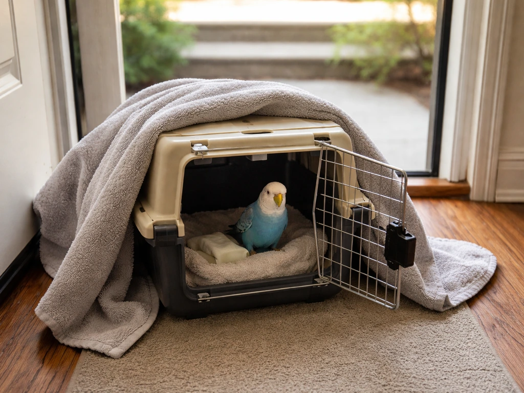 Small bird in a secured carrier at a home doorway with a towel cover ready outside.