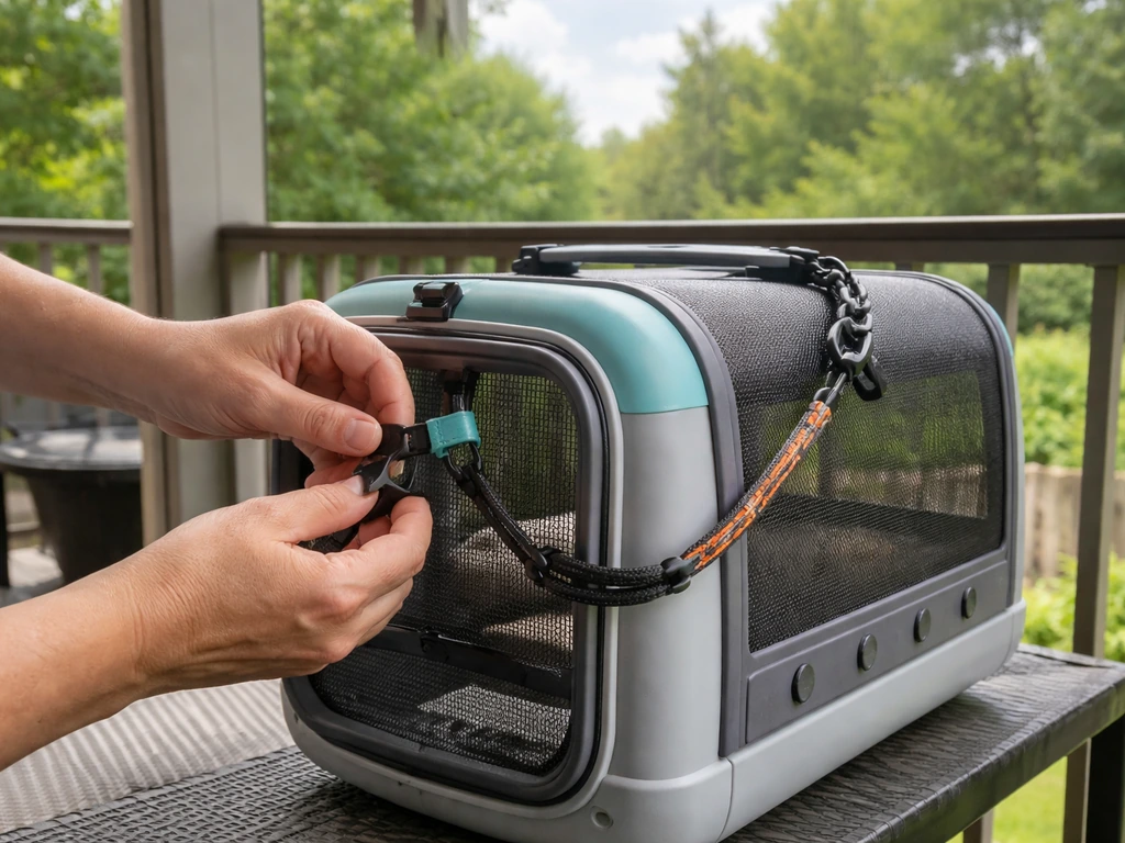 Caregiver securing a bird carrier on a covered patio with a fence, showing nearby tree line for predator risk.