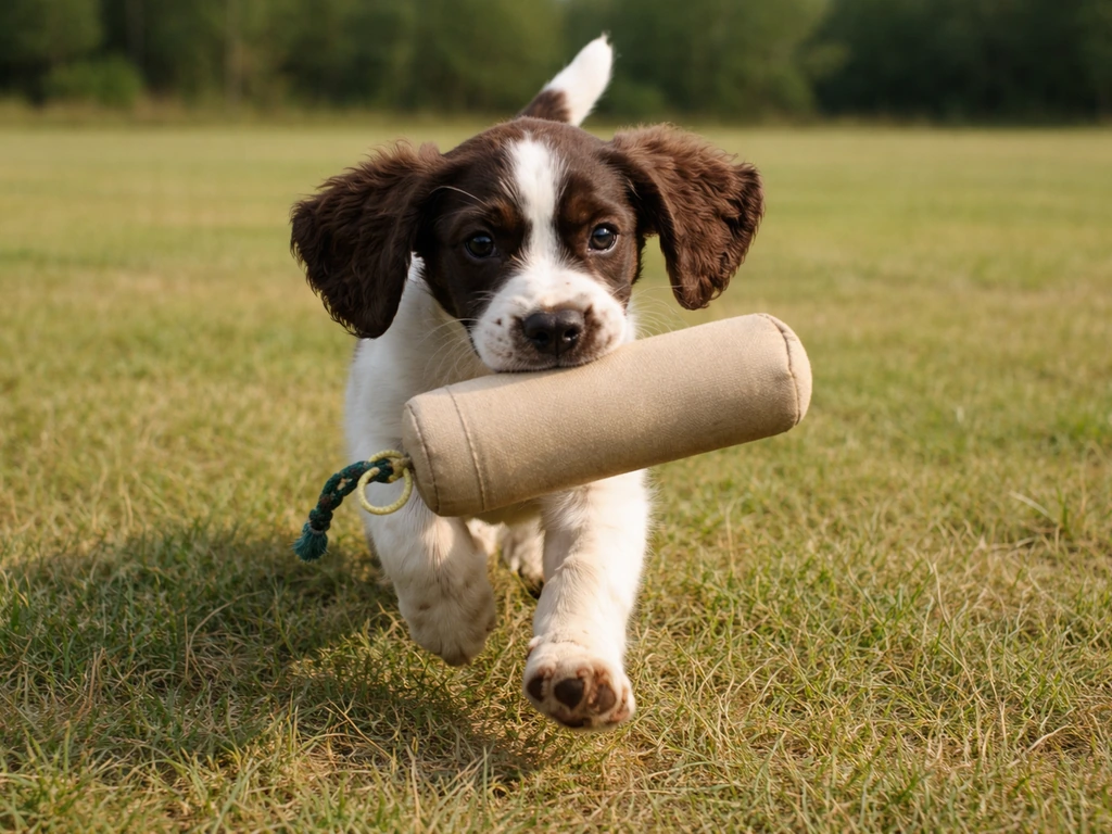 Training moment: a young bird dog puppy chases a soft bumper and holds it on a grassy field