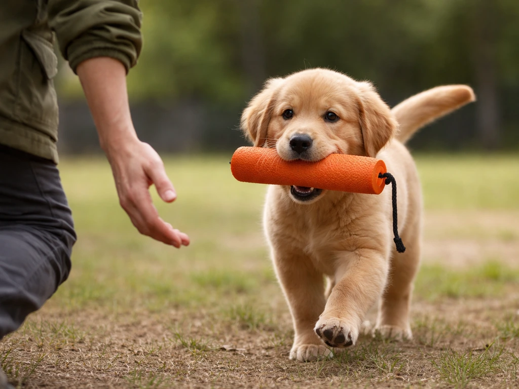 Puppy holding a foam bumper while handler turns away and offers an arm for delivery-to-hand
