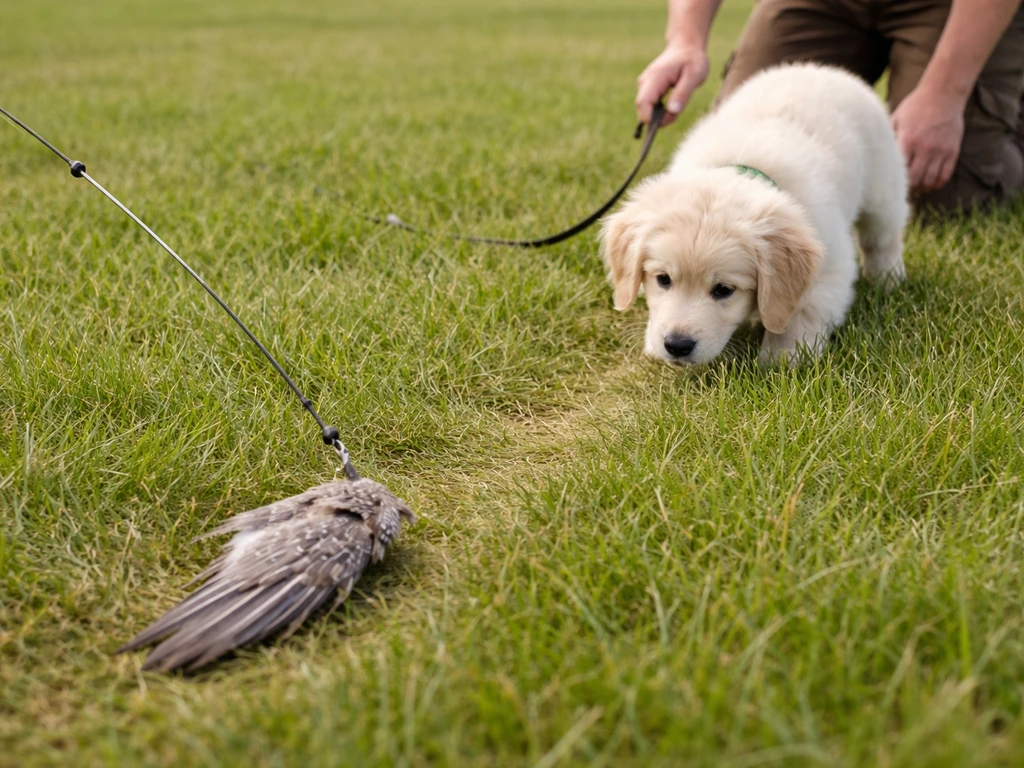 A handler gently guides a puppy as a pigeon wing scent trail is dragged through short grass
