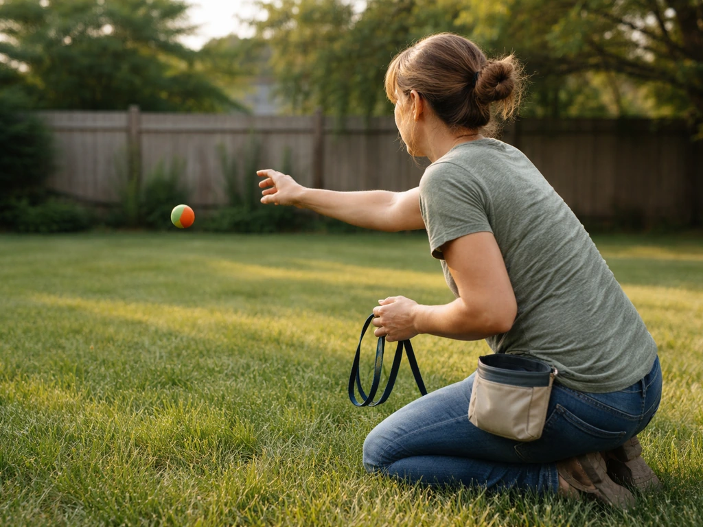 Kneeling dog handler in a quiet backyard resetting a retrieve with a short toss and treat pouch.