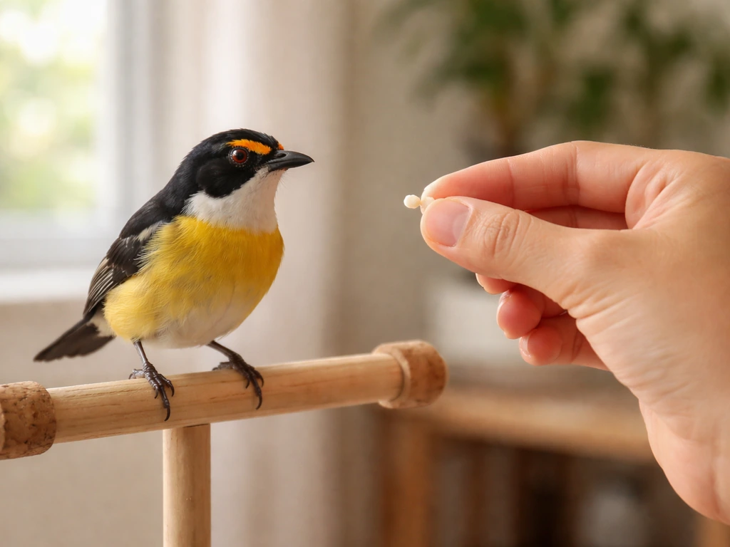 Small finch perched calmly beside a trainer’s hand holding a target treat for reward-based training.