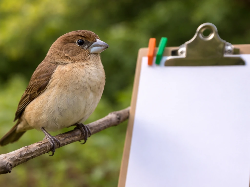 Small finch-like bird perched near an identification card, suggesting confirming the correct species.