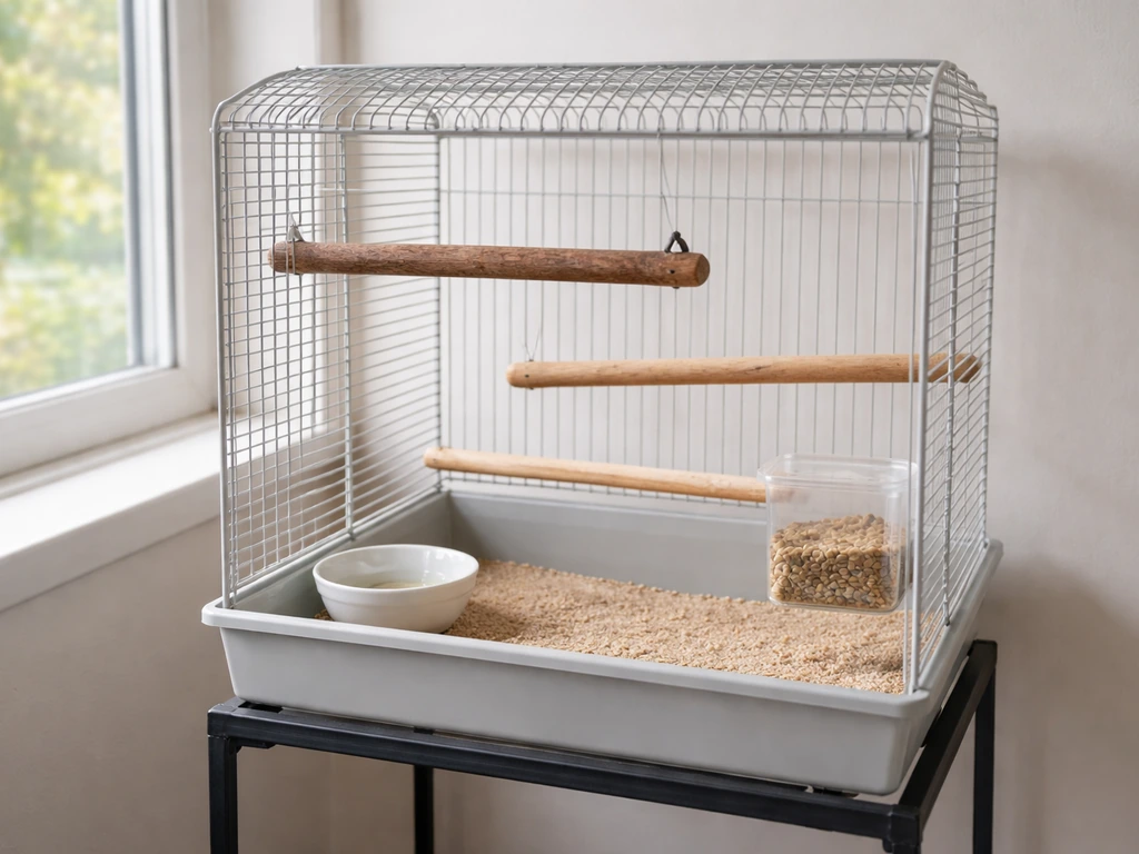 Indoor finch cage with varied-diameter perches and a calm, low-stress setup near a window.