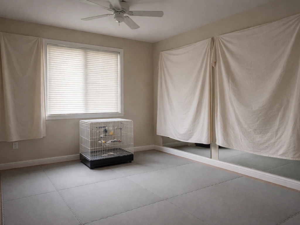 Quiet bird-proof training room with covered mirrors, closed windows, and a cage in a corner