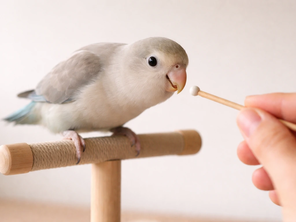 Close-up of a small training target stick near a curious bird perched on a simple stand
