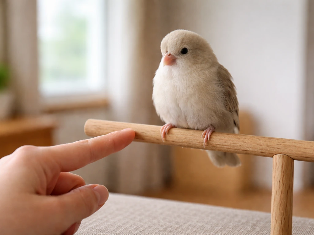 Close-up of a trained small bird perched low while a finger-held perch is positioned just below for step-up cue