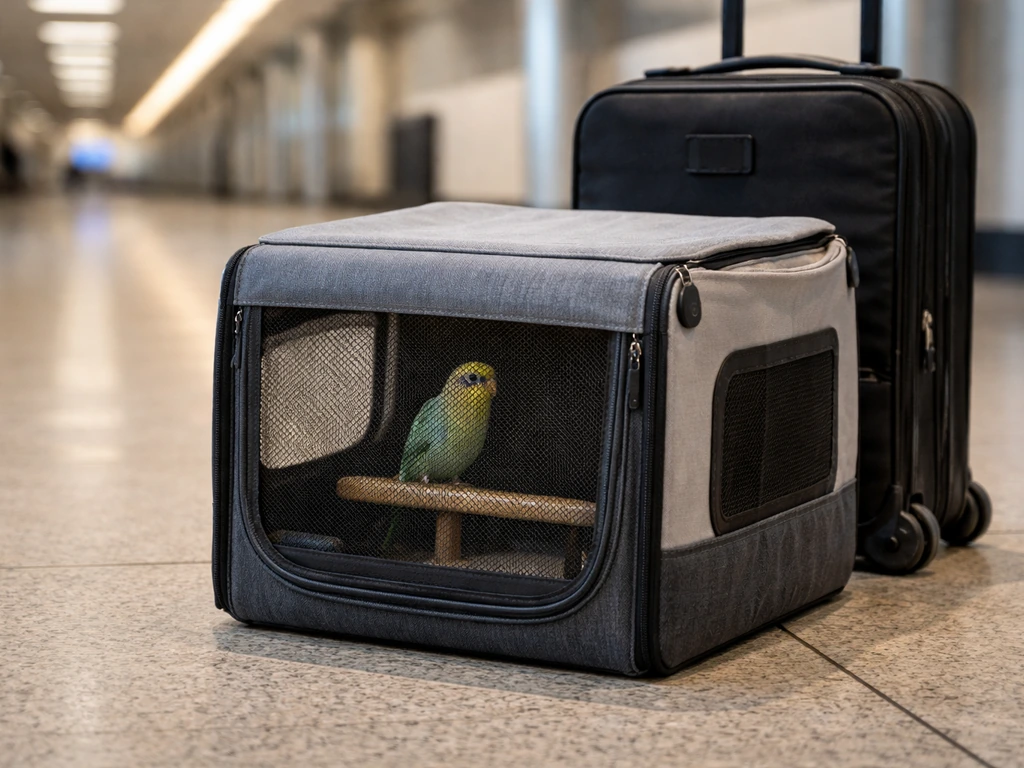 A secure pet bird carrier on the floor next to a suitcase, ready for air travel in a quiet airport-like setting.