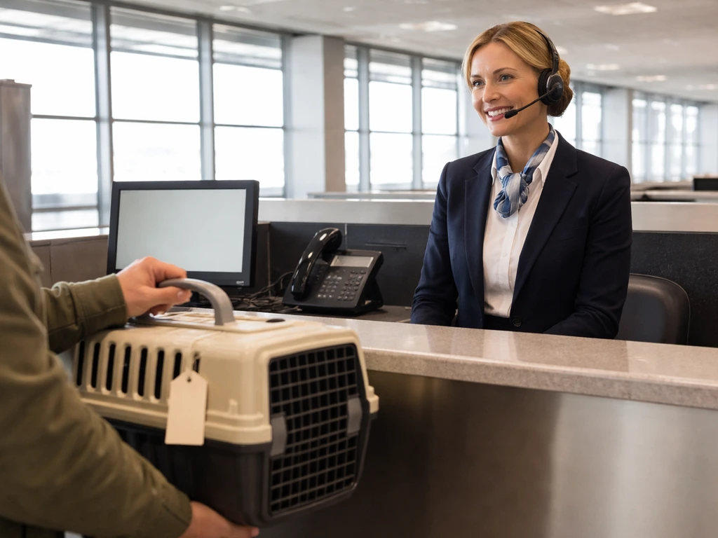 Airline live-animal desk counter with a staff member and a small pet carrier, minimal airport background.