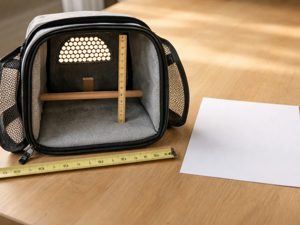 Close-up of a small pet carrier on a table with tape measure and height check for upright standing.