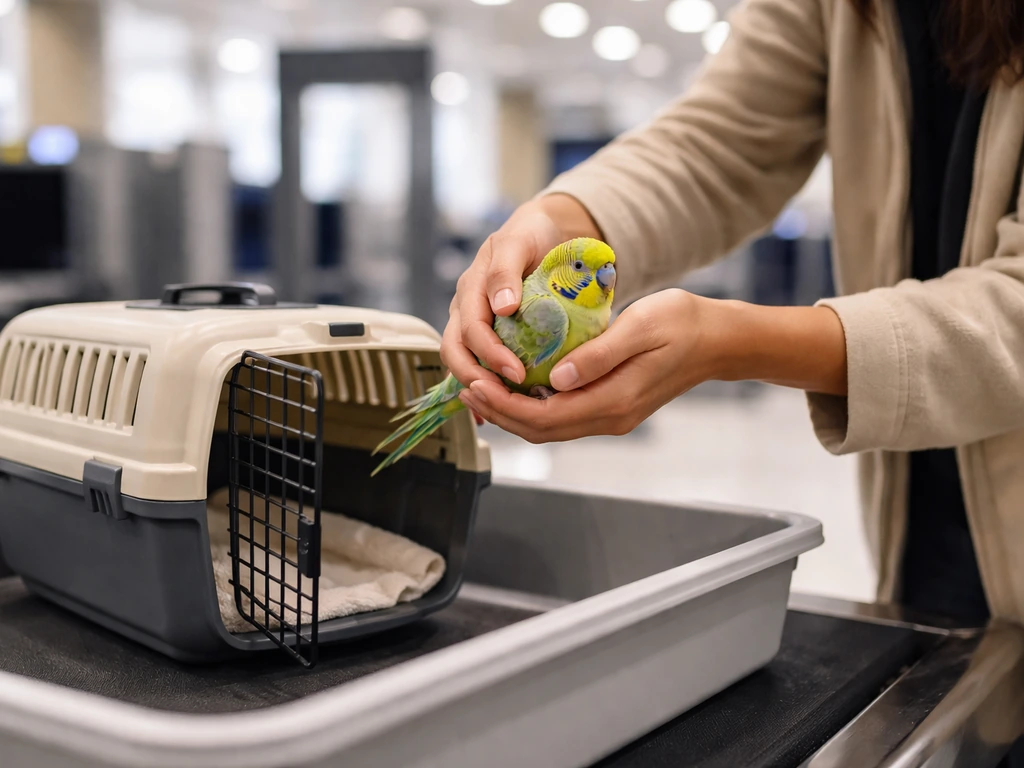Person at airport TSA area lifts a bird out of its carrier while keeping the empty carrier nearby.