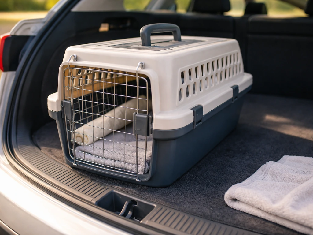 Securely set up ventilated bird carrier with soft bedding, ready for car or plane travel.