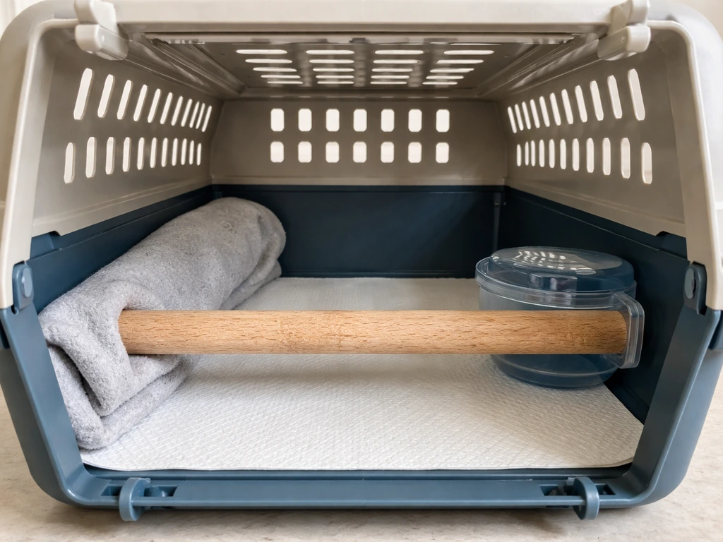 Close-up of a correctly set bird carrier with ventilation, non-slip liner, low perch, and safety items inside.
