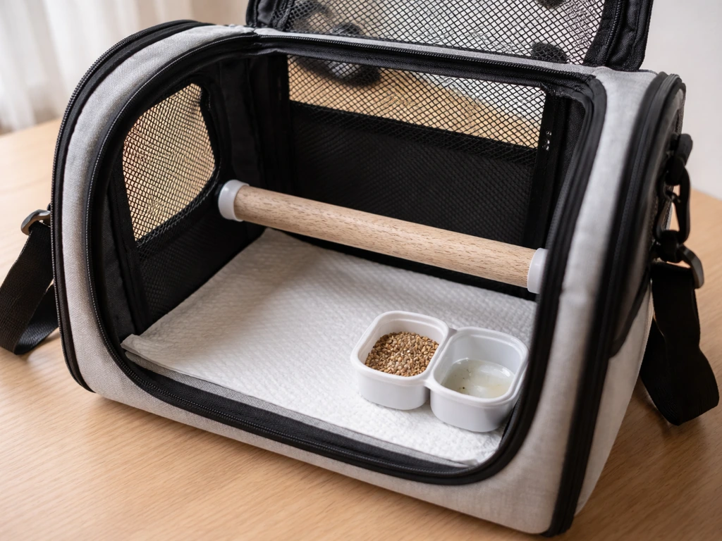 Overhead view of a bird carrier with a non-slip liner, low perch, and food/water set for travel.