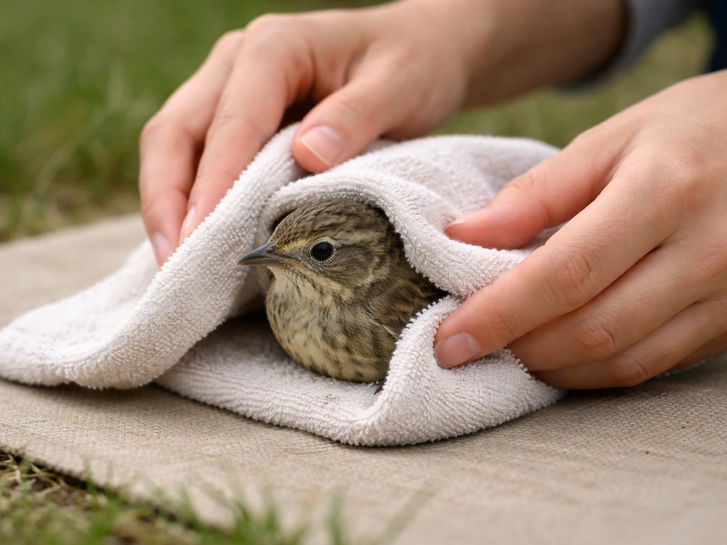 Wild bird being gently secured in a towel for safe temporary care and transport