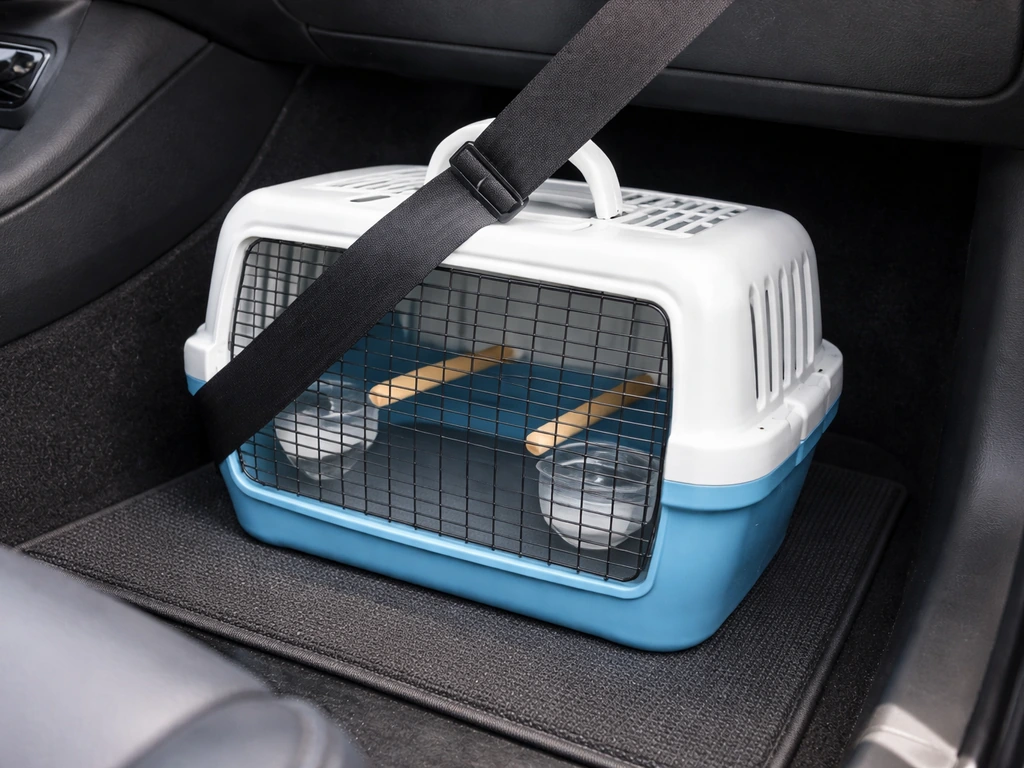 Pet carrier secured on a non-slip mat with a seatbelt looped through the handle inside a car.