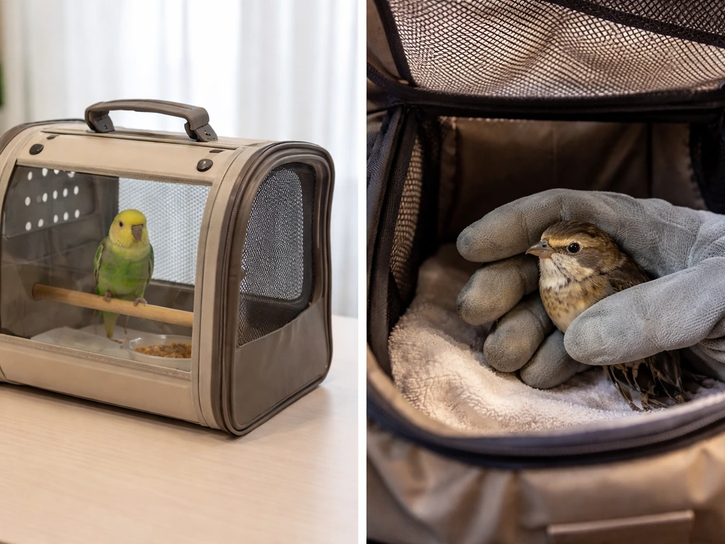 Side-by-side: pet bird in a travel carrier vs a wild bird in temporary transport with a gloved handler