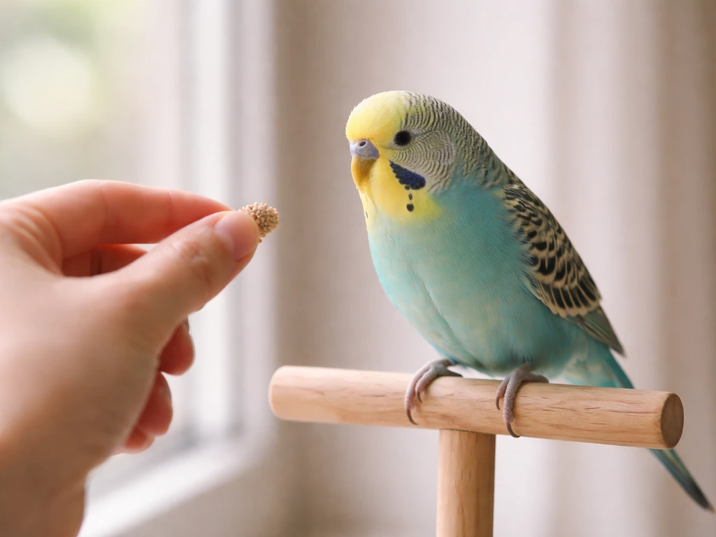 Calm pet bird on a perch as a person offers a treat nearby for gentle trust building.