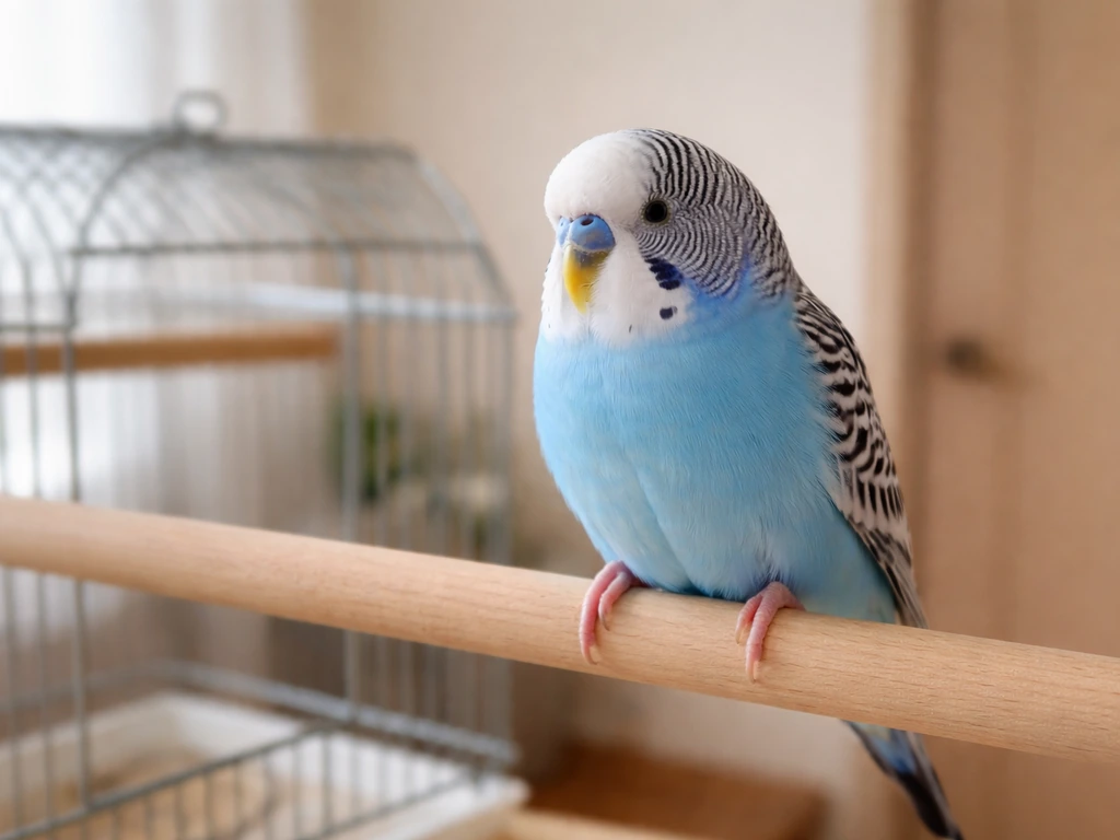 Small budgerigar on a wooden perch beside a simple birdcage, emphasizing tame vs domesticated.