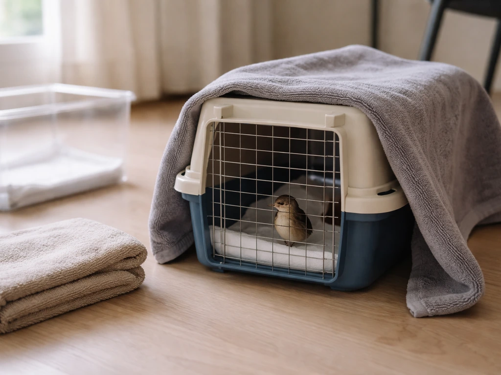 Close view of a small bird in a covered, ventilated carrier beside a calm observation setup
