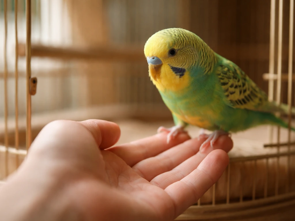 A small trained bird voluntarily steps onto an outstretched hand at cage level during calm consent-based handling.