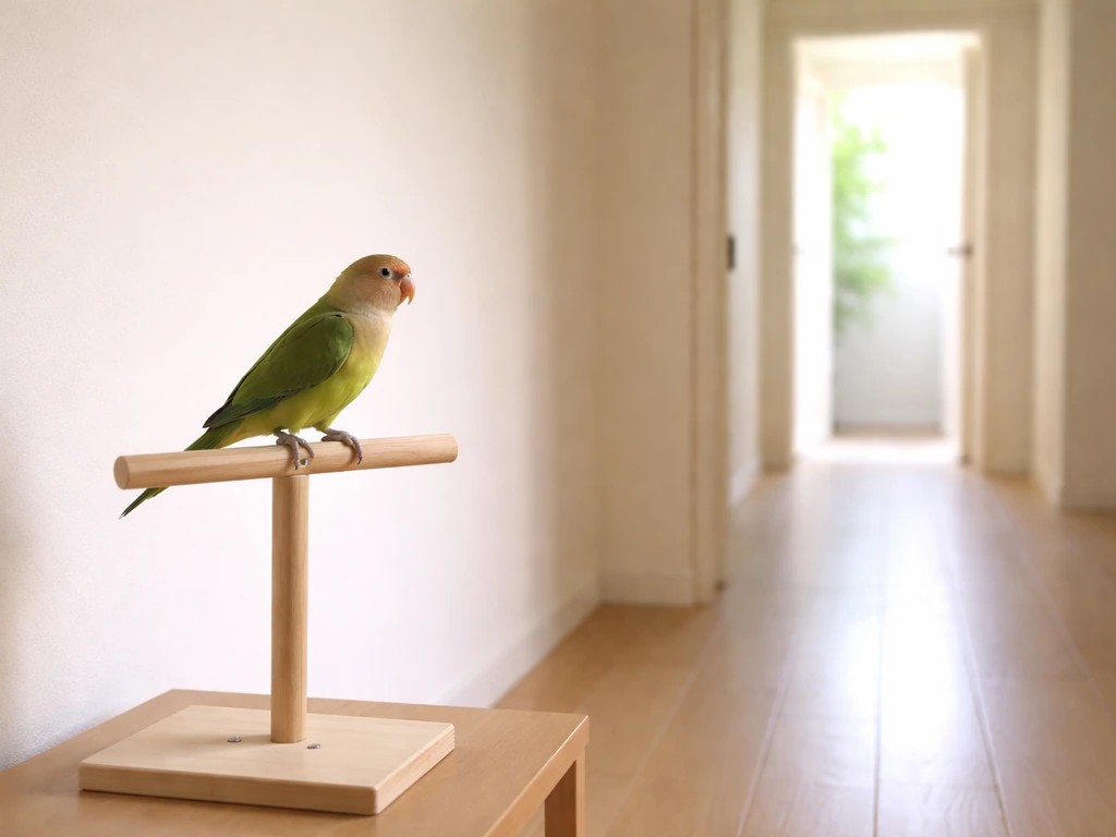 Small pet parrot perched on a wooden stand near an open door, retreat space creating a calmer setting