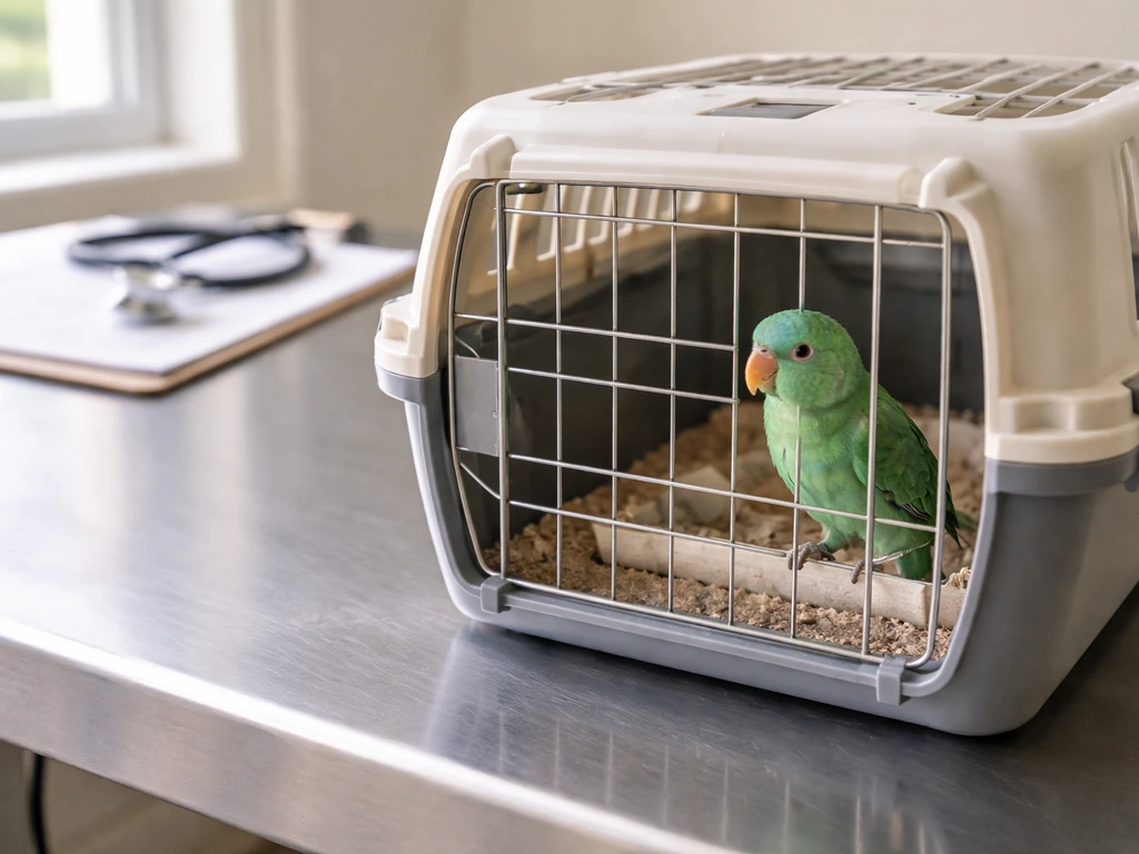 Close view of an open bird carrier and a small bird in a quiet veterinary exam room setting