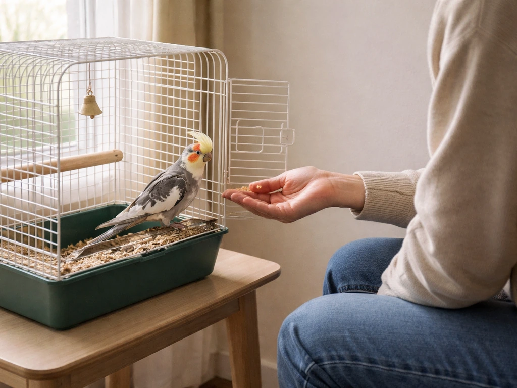 Calm person seated beside a birdcage, offering a treat while the bird stays relaxed.