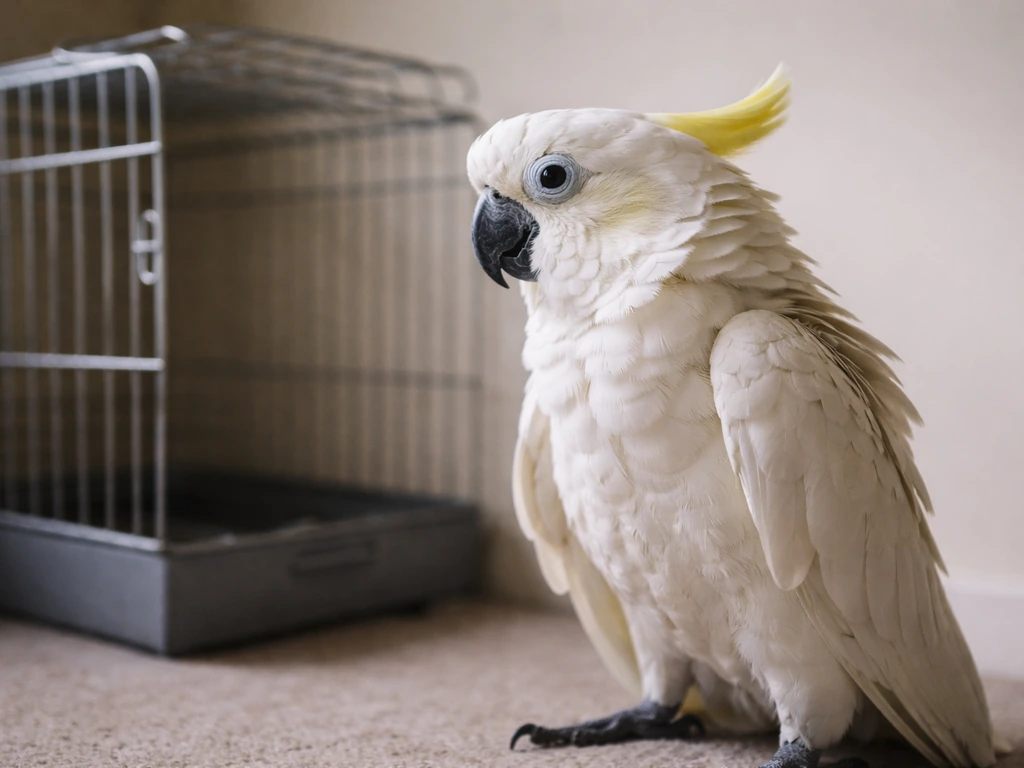 Fearful cockatoo leaning back with tight feathers near an open cage in soft natural light.