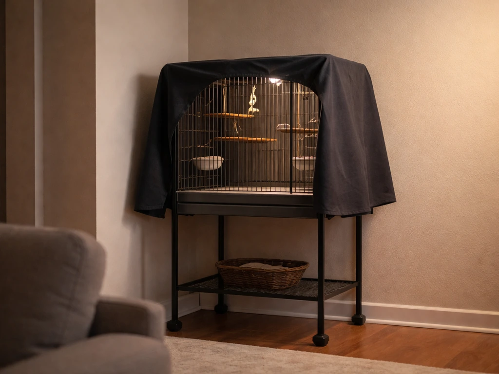 Bird cage in a corner against a wall with a cloth cover over it, set on an elevated stand.