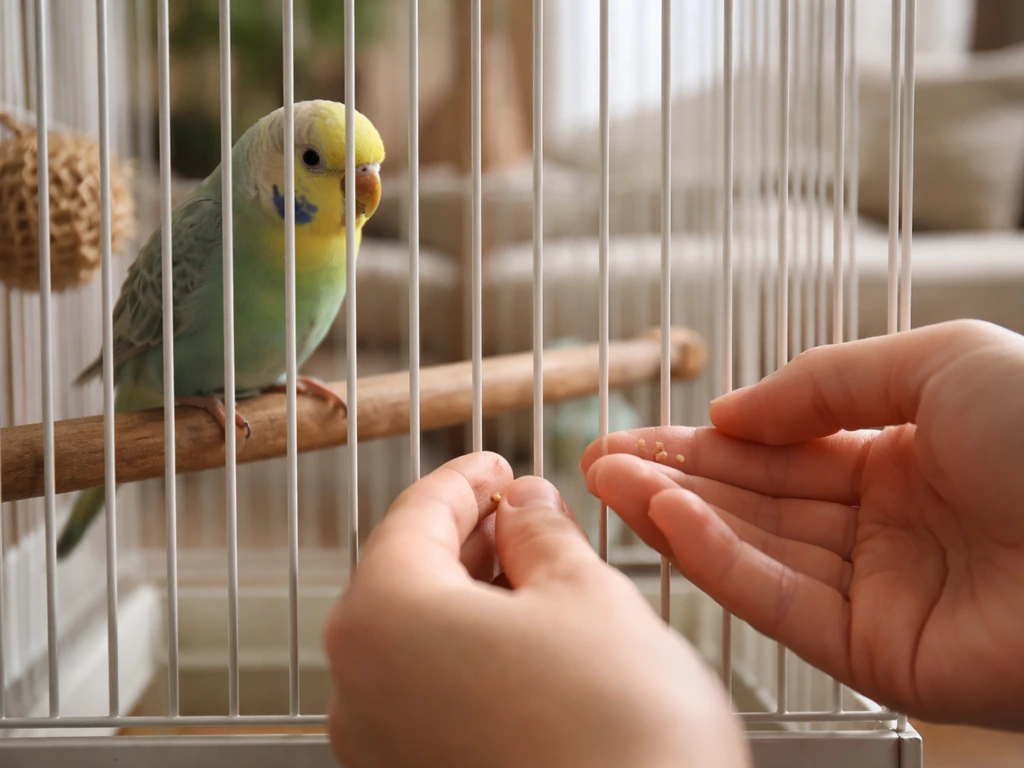 Two hands offering small treats through bird cage bars, bird calm, slow side approach feeling