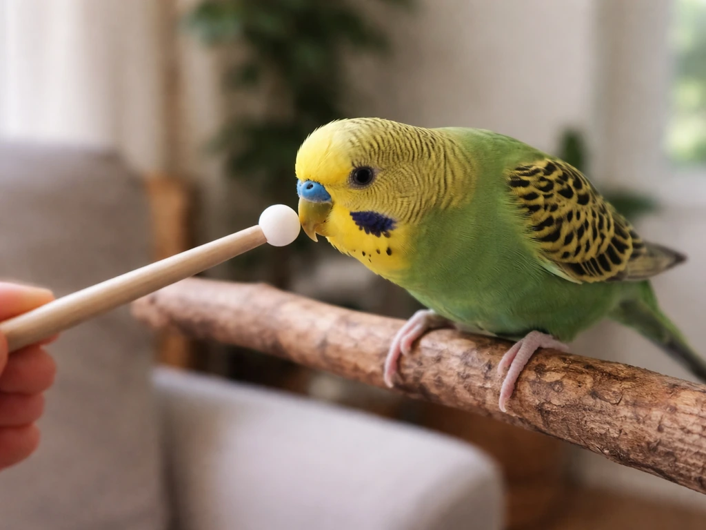 Small pet bird leaning toward a target stick a few centimeters from its beak during training