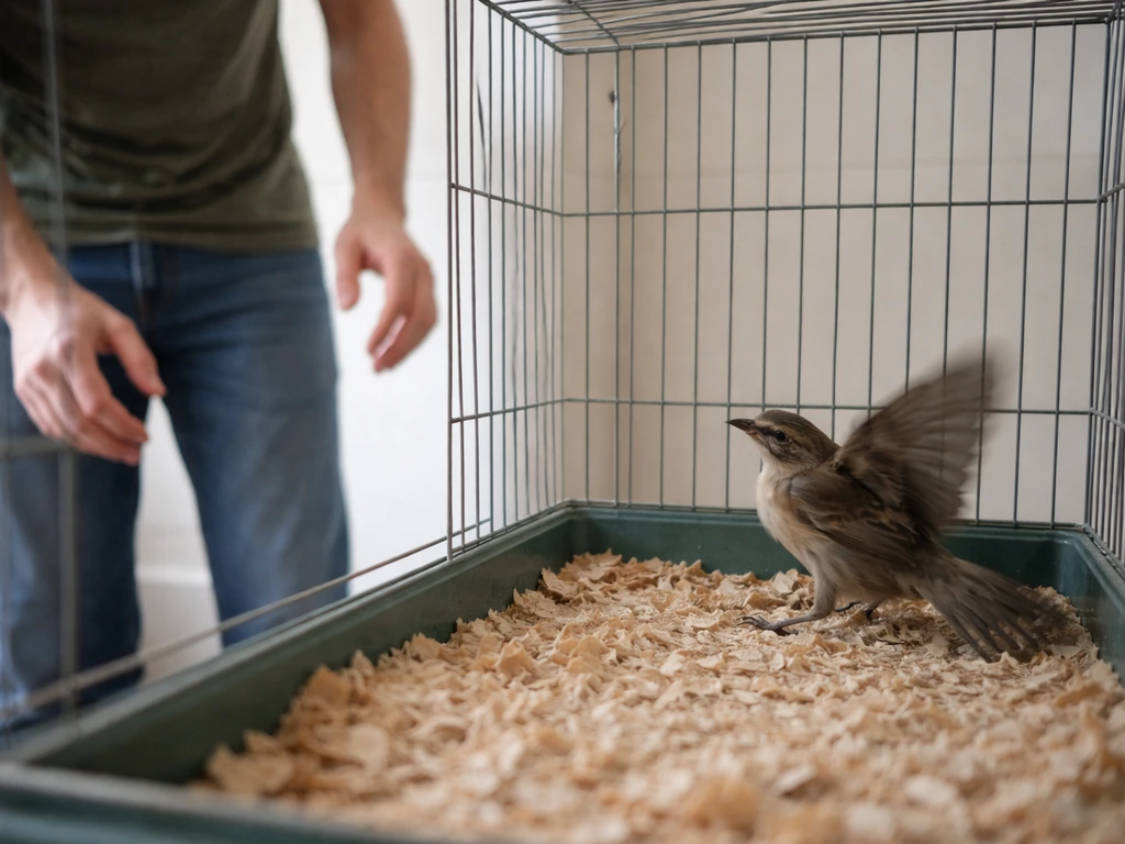 Trainer steps back while a caged bird thrashes and withdraws, showing a safe response.