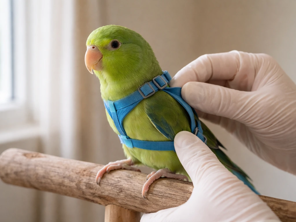 Small parrot calmly fitted with a properly adjusted bird harness on a perch indoors
