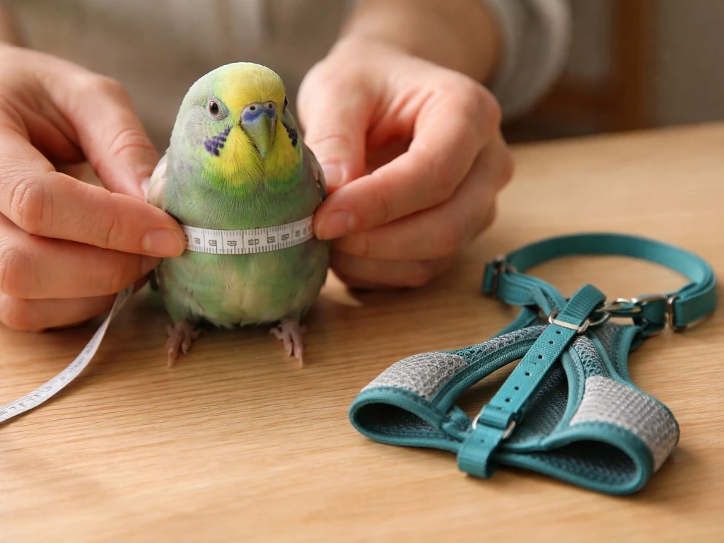 Hands measure a small pet bird’s girth with a soft ribbon beside a properly sized harness.