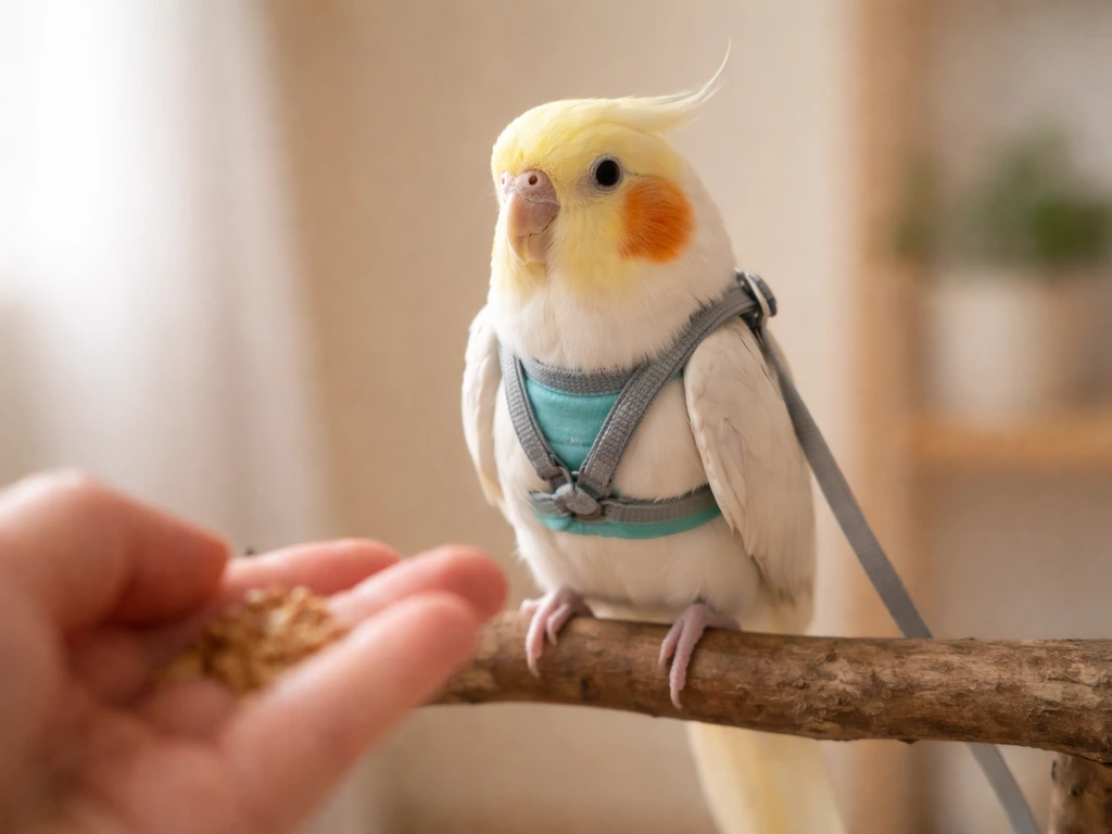 Small bird wearing a harness perched indoors while a hand offers treats nearby.