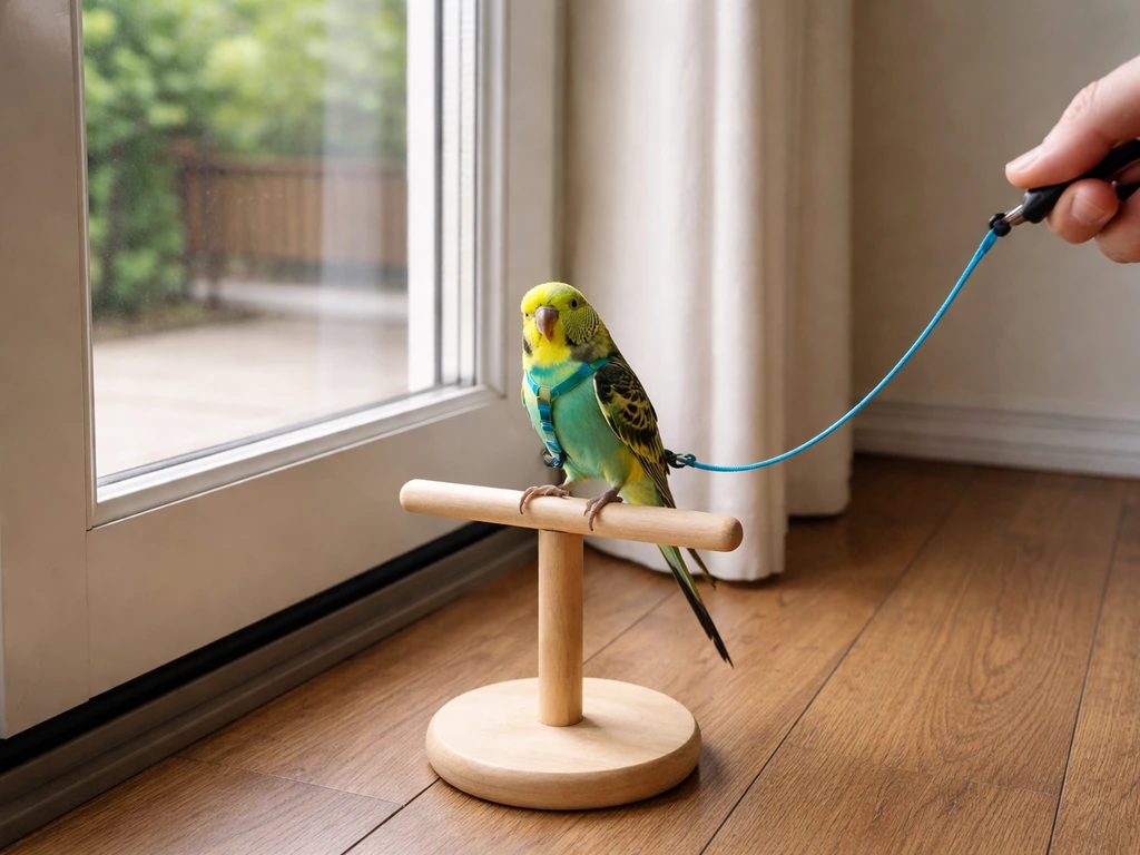 Small pet bird on a perch near a patio door with a short, secure leash line and closed door.