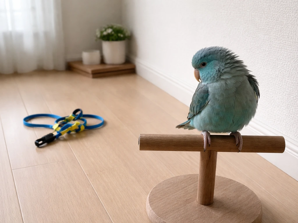 A small bird in a quiet room backs away while a dog training harness lies unused nearby.