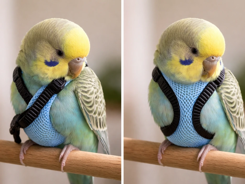 Close-up of a small bird with a harness, showing incorrect rotation versus corrected placement.