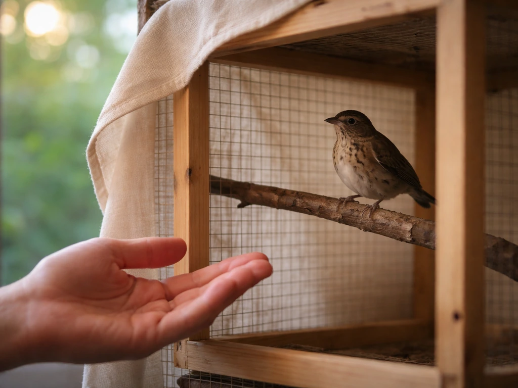 Calm caregiver hand near a small bird in a quiet, safe enclosure during acclimation