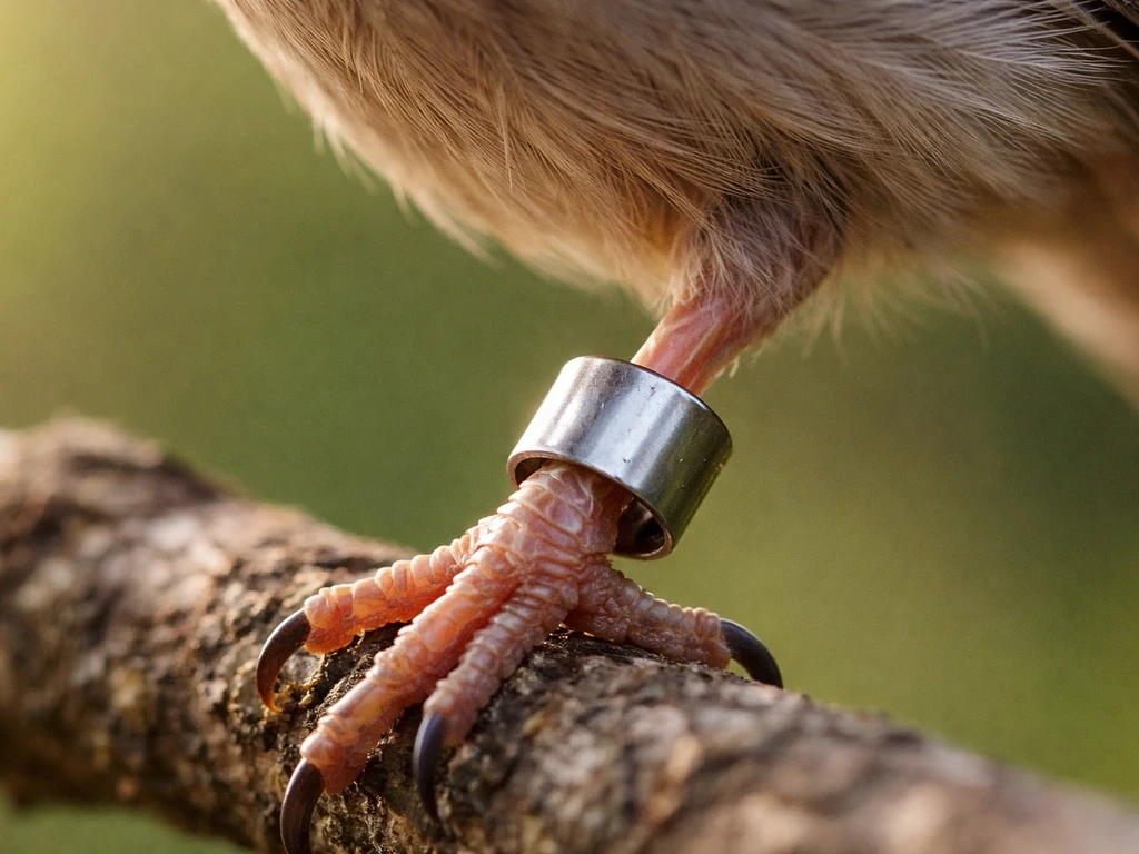 Close-up of a small bird’s leg with an identifiable colored or metal leg band
