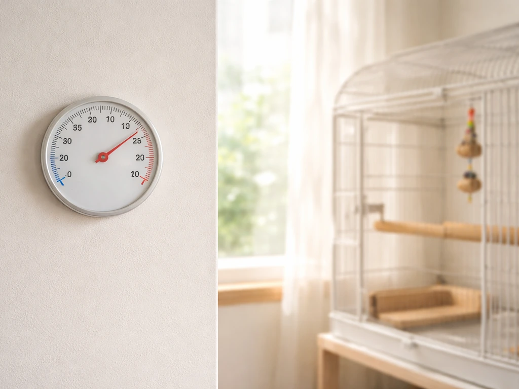 Analog thermometer near a bird-friendly cage with warm natural sunlight through a window