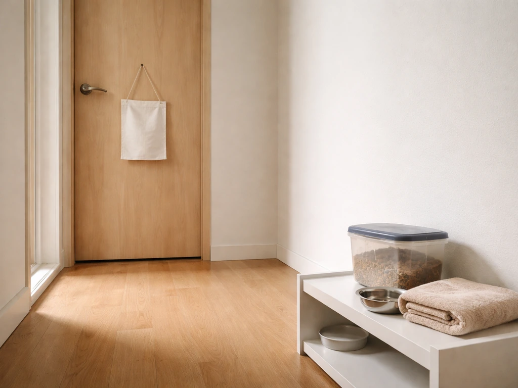 Quiet home hallway showing a closed door barrier and dedicated supplies for a new bird quarantine.