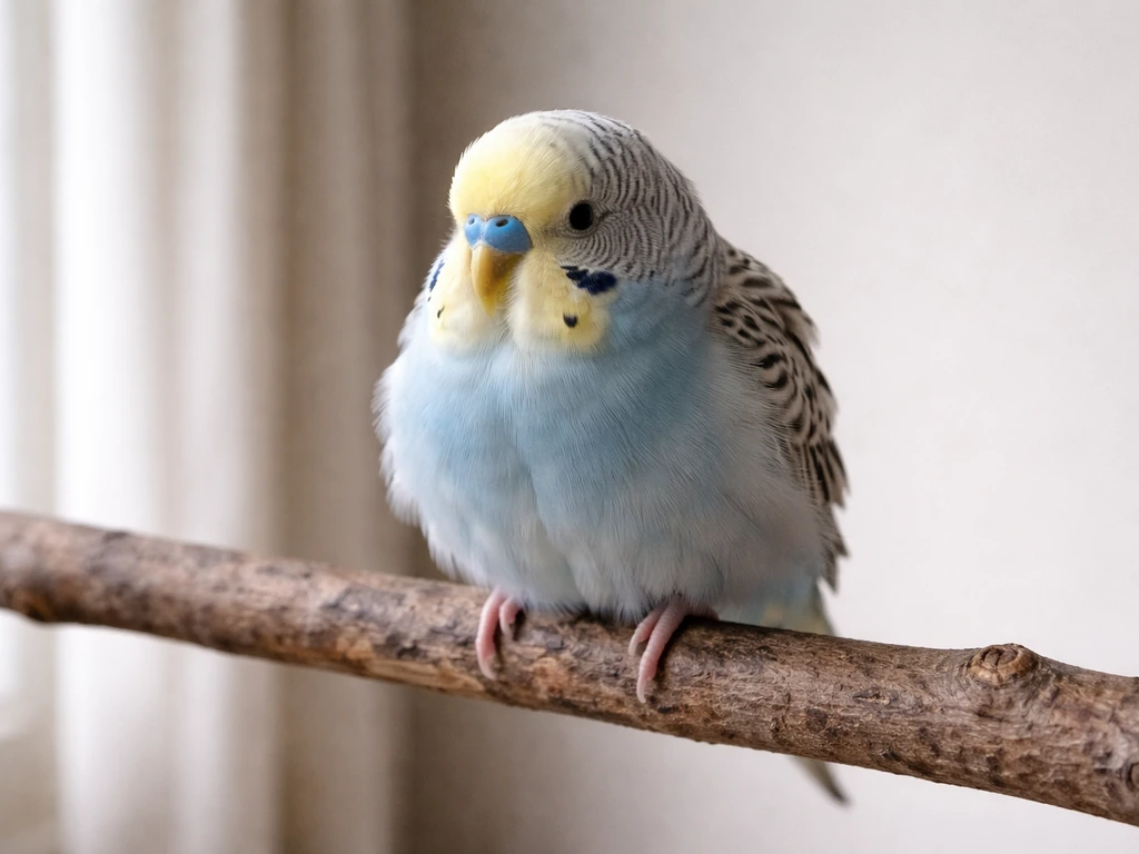 A small pet bird fluffed at rest, looking tense in a quiet indoor setting.