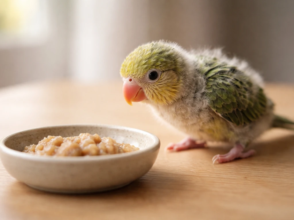 A baby parrot calmly approaches a shallow food dish on its own, indoors in soft natural light.