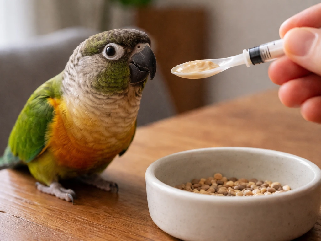 Parrot perched beside an untouched food dish while a hand holds a small feeding spoon nearby.