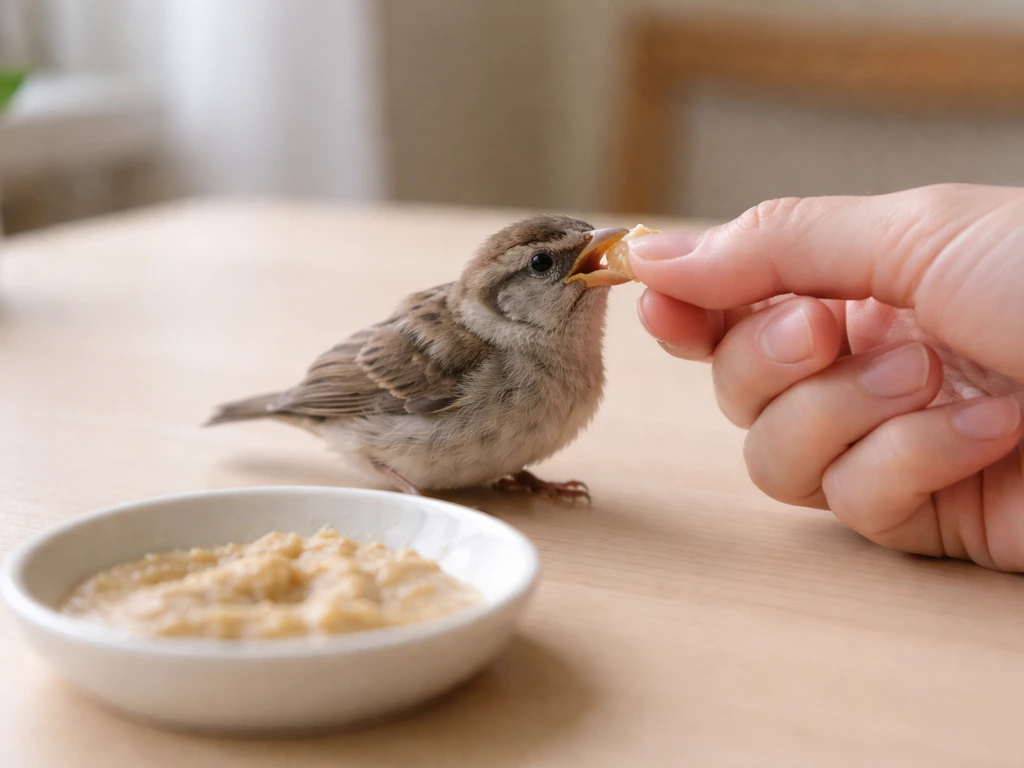 A bird perched beside a shallow dish of food while an adult hand feeds it.