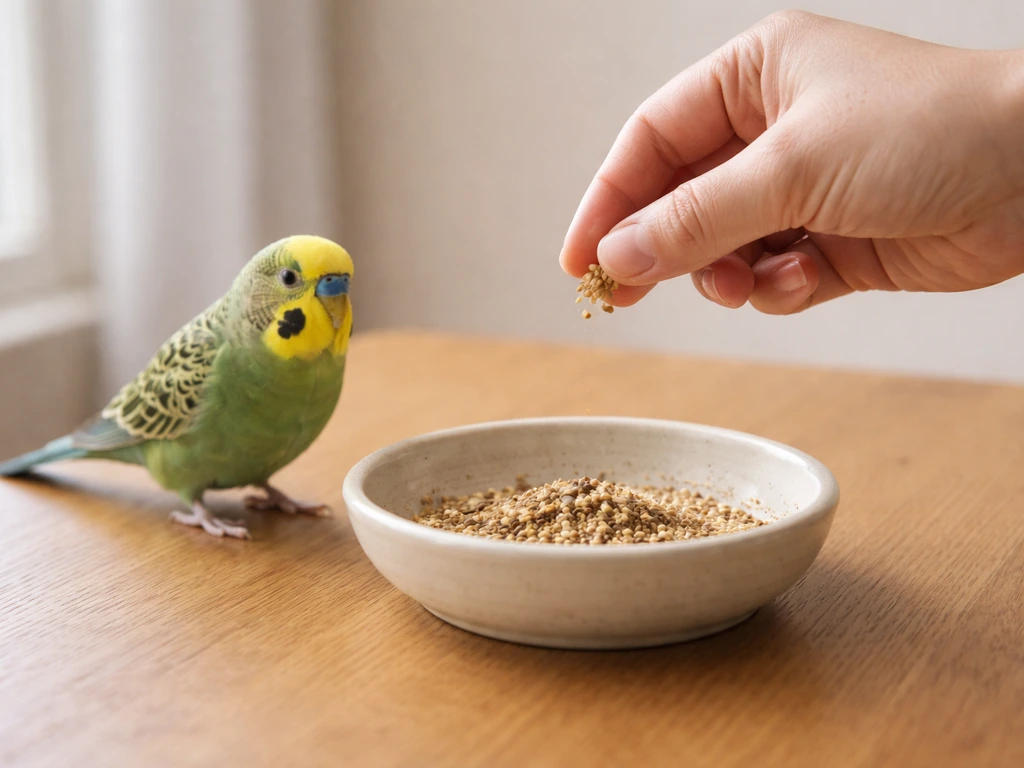 Small pet bird near an open food bowl while a hand offers a smaller measured portion.