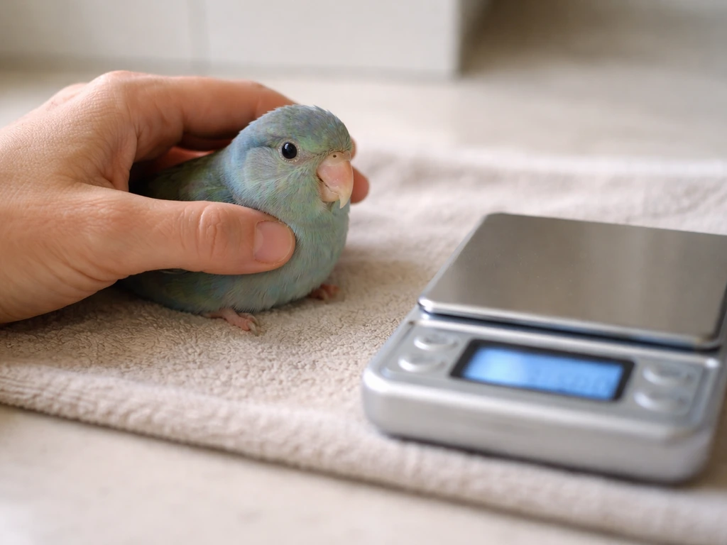 Close-up of a small bird being weighed on a digital gram scale with an adult hand nearby.